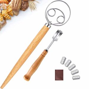 Danish Dough Whisk and Bread Lame Set, HUIMS Stainless Steel Bread Flour Mixer, Bread Dough Scoring Tool Includes Replacement Blades and Leather Protective Cover for Cake Dessert Bread Pastry (1 Set)