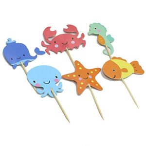 KCHEX Ocean Sea Animal Creature Fish Starfish Whale Octopus Crab Sea Horse Cake Cupcake Topper Picks For Party Decorations, pack of 48