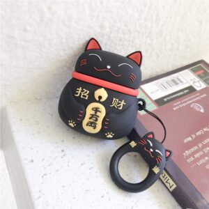 Protective Case for AirPods Soft Silicone Shockproof Cover Wireless Charging for Apple AirPods 1 2 Series Hook Carabiner Clip Cute Animals Full Cover Protection (Black Maneki-Neko Cat)